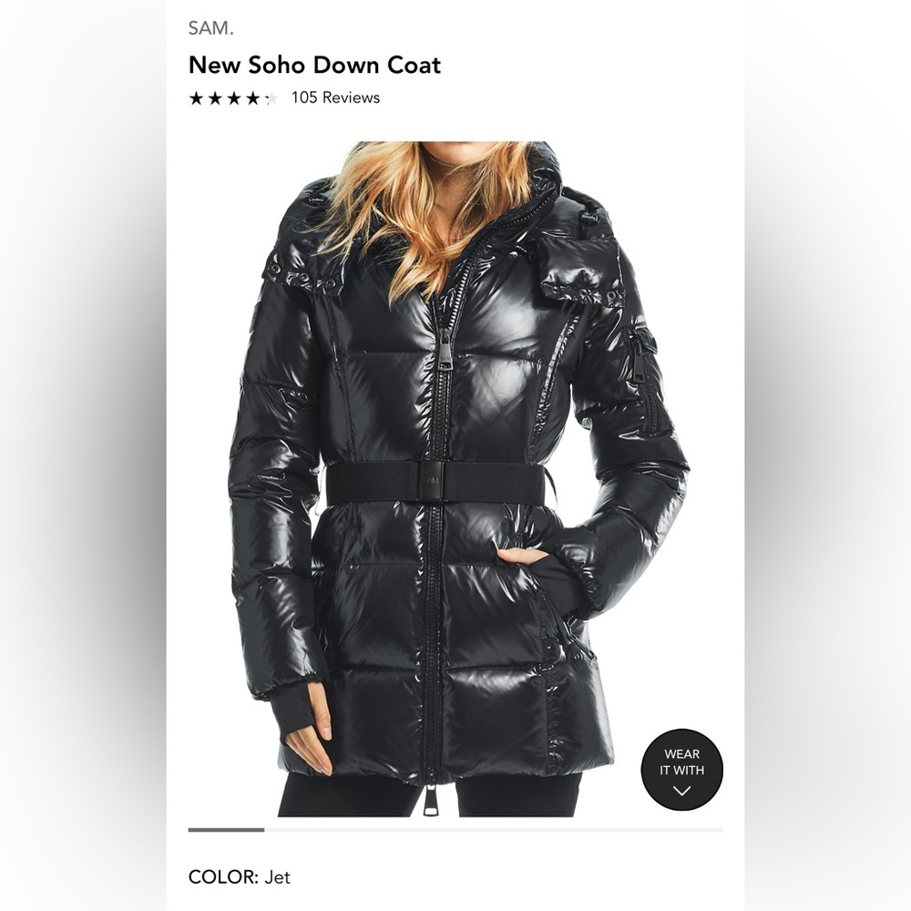 SAM. Soho Down Coat black color is Jet size XS